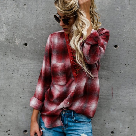 Tops - lace up plaid blouse